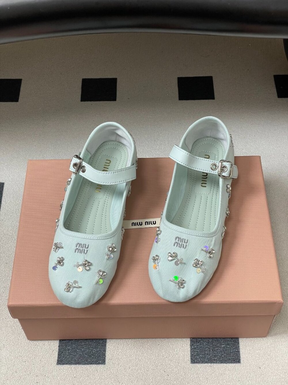 Miu Miu Light Blue Rhinestone-Embellished Mary Jane Ballet Flats - Picture 4 of 9